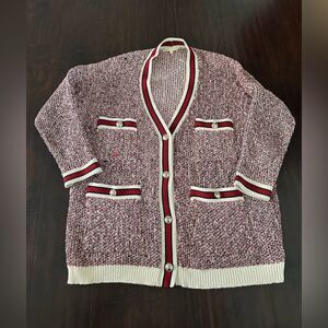 Maje Mapada Knit Button-Front Boyfriend Cardigan in Red & White  -size 2 Medium.